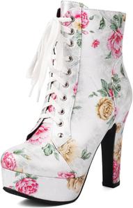 Женские ботильоны UP2STEP с кружевной шнуровкой, цветочным принтом, высокой платформой, круглым носком и массивным каблуком для вечеринок, Silver