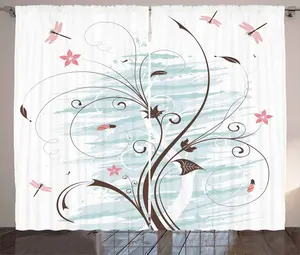 Штора ABAKUHAUS Стрекоза в деревенском стиле, с бутонами цветов в стиле гранж, присборенная тесьма для спальни с петлями и крючками, 280 x 225 см, светло-розово-коричневый цвет Abakuhaus