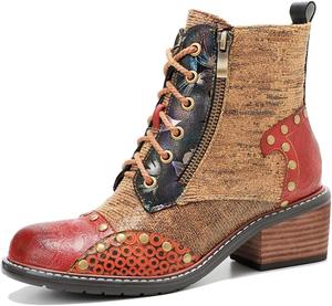 Винтажные кожаные ботильоны с заплатками, заклепками, шнуровкой, в стиле милитари, с боковой молнией, на массивном каблуке, ретро короткие ботинки LITNERMIA, Yly22091103 Brown