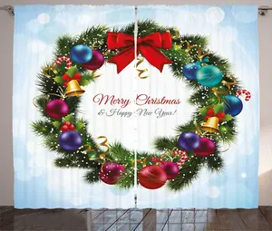 Рождественская штора в деревенском стиле ABAKUHAUS, круглый зеленый венок, присборенная тесьма для спальни с петлями и крючками, 280 x 245 см, разноцветная Abakuhaus