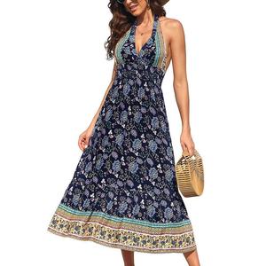 Женское пляжное платье макси с глубоким V-образным вырезом и открытой спиной в стиле бохо Kojooin, цвет Dark Blue