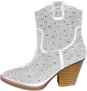 Женские ботильоны с блестящими камнями на массивном каблуке, средней высоты голени, а также высокие сапоги до колена Forever, White Rhinestone