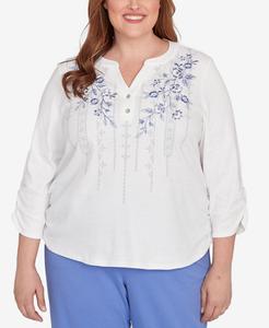 Топ-поло с геометрическим цветочным узором и сборками для полных женщин в повседневном стиле Alfred Dunner, Ivory