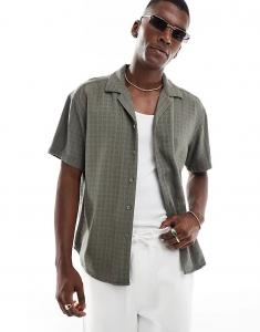 Текстурированная льняная рубашка ONLY & SONS цвета хаки с короткими рукавами