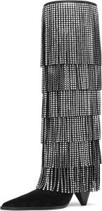 Michael Kors womens Jayla Heeled Boot, Black/Suede Fringe/Hot Fix