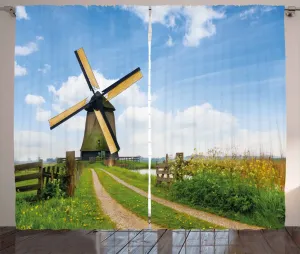 Штора в деревенском стиле Ветряная мельница от ABAKUHAUS, Holland in Spring, универсальная ленточная штора для гостиной с петлями и крючками, 280 x 225 см, светло-голубой, абрикосовый и зеленый Abakuhaus