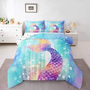 Erosebridal Комплект постельного белья Ocean Mermaid с покрывалом в стиле морской тематики, пастельные тона, Purple Teal