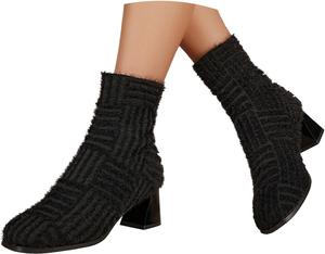 Женские плюшевые вязаные ботильоны 2025 с массивными каблуками, заостренным носком, на молнии, удобные, дышащие, эластичные, нарядные короткие ботинки, осень-зима, мягкие, в ретро-стиле, модные, повседневные, теплые прогулочные туфли Generic, Black