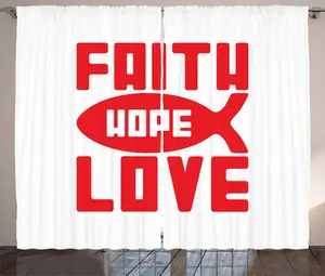 Штора ABAKUHAUS Hope в деревенском стиле, монохромные рыбы и слова, присборенная тесьма для спальни с петлями и крючками, 280 x 175 см, ярко-красный с белым