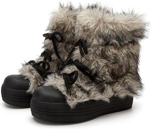 Женские ботинки с искусственным мехом, пушистые, водоотталкивающие, для снега и зимы, средней высоты до середины голени, с круглым носком, на шнуровке, удобные и теплые Generic, Black