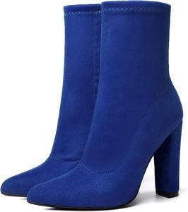 Женские носочные ботильоны risdoada с толстым каблуком, эластичной замшей, заостренным носком, осенне-зимние высокие сапоги до середины голени, Blue