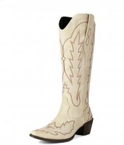 Женские ковбойские сапоги до колена, ковбойские сапоги с вышивкой в ретро стиле, массивные каблуки, заостренный носок, длинные западные сапоги Generic, Beige