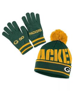 Женская зеленая шапка Green Bay Packers с двойным жаккардовым узором, манжетами, помпоном и перчатками в комплекте WEAR by Erin Andrews