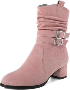 Женские ботинки YODEKS на низком каблуке с массивным каблуком, молнией, 2-дюймовым закругленным носком и пряжкой, замшевые, размер 5-13, Pink