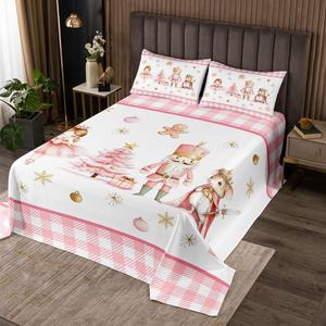 Erosebridal Розовый комплект постельного белья с новогодним принтом: ёлка, щелкунчик, мышка, снежинки и балерина, Pink White