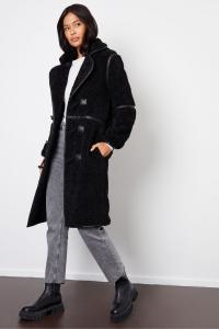 Длинное пальто из искусственной шерсти с отделкой из искусственной кожи Threadbare, черный