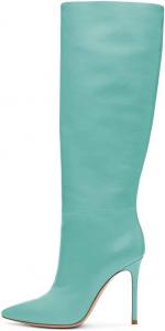 Женские сапоги FSJ западного стиля до колена с высоким каблуком, из кожи, заостренный носок, широкая голень, модель для верховой езды, размеры 4-15 US, Turquoise