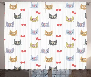 Штора ABAKUHAUS Котята в деревенском стиле, разноцветные забавные кошачьи головы, универсальные ленточные шторы для гостиной с петлями и крючками, 280 x 225 см, белый многоцветный Abakuhaus