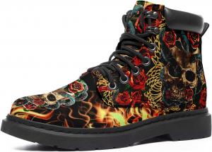 Женские Ботинки с Черепами и Цветами, Боевые Ботинки, Хиппи, Веганская Кожа, Классические Модные Ботильоны со Шнуровкой для Мужчин Coolcustomize, Skull Flower