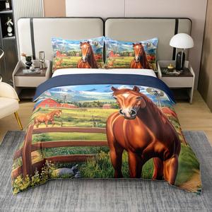 Erosebridal Комплект постельного белья Horse Western из 100% хлопка, деревенский стиль с принтом гор и красного домика, Red Green Blue Brown