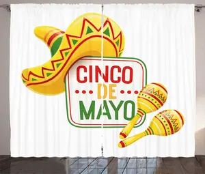 Штора ABAKUHAUS Cinco de Mayo Rustic Curtain, Sombrero Maracas Art, со сборками для спальни, петлями и крючками, 280 x 225 см, многоцветный земляной желтый Abakuhaus