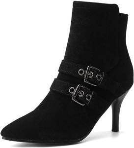 Женские замшевые ботильоны Runscbk с заостренным носком на шпильке, с боковой молнией, без застежки, с металлической пряжкой, высокие плюшевые ботинки для офиса и свадебных вечеринок, Black