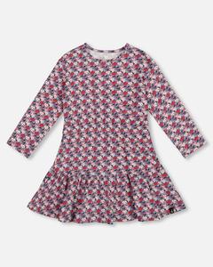 Хлопковое платье для девочки с оборкой по низу, с принтом синие яблоки - Детское Deux par Deux, Blue apple print