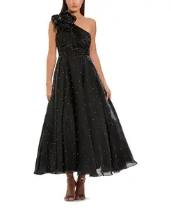 Платье миди на одно плечо из органзы с жемчужной вышивкой Mac Duggal, черный
