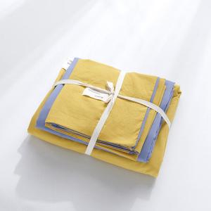 Muji Комплект постельного белья из 4 предметов в японском стиле (простыня на резинке 150 см, пододеяльник 200х230 см), цвет Ginger Yellow + Blue, ткань — стираный хлопок