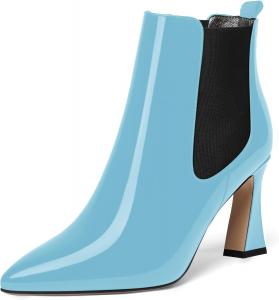 Женские эластичные ботильоны NUMALEO с острым носком, деловые, стильные, из лакированной кожи, с высокими каблуками-блоками, 3,3 дюйма, Black/Light Blue