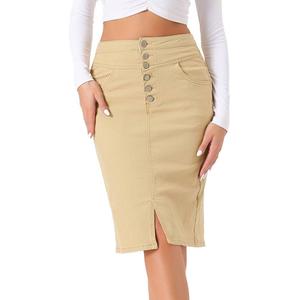 Женская повседневная джинсовая юбка с высокой талией и разрезом спереди, эластичные джинсовые юбки трапециевидной формы ALLEGRA K, цвет Light Khaki