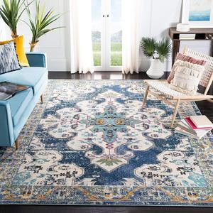 Ковер SAFAVIEH, 275 x 366 см, Madison Collection, Navy & Grey, дизайн Boho Chic с медальоном и эффектом потертости, не линяет и прост в уходе, идеален для помещений с высокой проходимостью в гостиной, спальне (MAD452M)