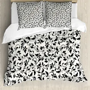 Пододеяльник ABAKUHAUS с рисунком листьев, монохромный узор в виде завитков, с защитой от клещей, подходит для аллергиков, с наволочками, 200 см x 200 см - 80 x 80 см, черный/кремовый