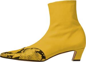 Женские ботильоны средней длины, квадратный носок, маленький каблук, боковая молния, змеиный принт и кожаная отделка, стильные нарядные ботильоны для модного образа WINDBXYB, Yellow