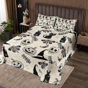 Erosebridal Готический комплект постельного белья Antique Skeleton Moon с силуэтами и декоративными элементами в стиле бохо для Хэллоуина, White and Black