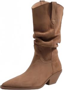 Зимние и осенние женские сапоги с заостренным носком из замши до середины голени с толстой подошвой. Мягкий верх. Противоскользящая и износостойкая подошва. Clolinde, Brown