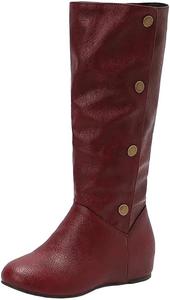 Женские повседневные ботинки средней высоты до икры с округлым носком, на танкетке, без застежки, с металлическими заклепками, большого размера Generic, Red