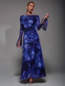 Платье макси с длинными рукавами и асимметричным вырезом Jolie Moi, Blue Abstract