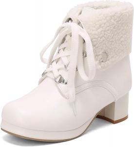 Женские сапоги Bellirala Fold Over Shoulds Шнуровка Массивные блоковые каблуки, пушистые ботинки Милые ботинки с круглым носком Kawaii Lolita Autumn Winter Warm Shoes, White