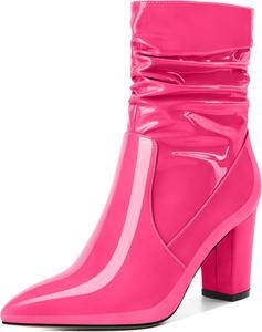 Женские свободные ботильоны Mettesally с высокими массивными каблуками, заостренным носком, боковой молнией, каблук 3,5 дюйма, полусапожки для платья, Patent Hot Pink