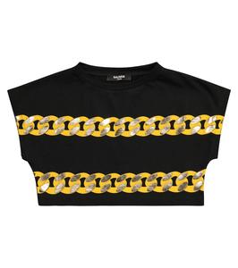 Хлопковая укороченная футболка с принтом Balmain Kids, 930-Nero