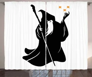 Штора ABAKUHAUS Волшебник в деревенском стиле, серая, с изображением друида, держащего звезды, для спальни, присборенная, с петлями и крючками, 280 x 225 см, цвет: оранжевый, белый и черный Abakuhaus