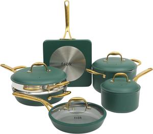 Набор из кастрюль и сковородок Frok из алюминия с антипригарным покрытием из керамики, 10 предметов, зелено-золотой