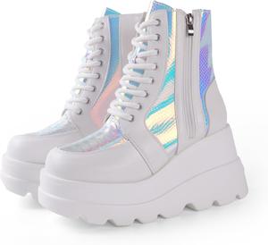 Женские ботильоны Gothniero Platform Gothic на щиколотку, черные голографические боевые с массивным каблуком, с боковой молнией, шнуровкой и танкеткой, размер US 5.5-11