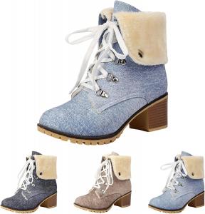 Женские ботильоны на шнуровке с толстым каблуком, из искусственной замши, с утеплителем из флиса, складным верхом, зимние сапоги на платформе с протекторной подошвой, противоскользящие, с округлым носком, для походов и активного отдыха Generic, Blue