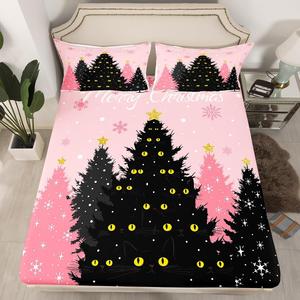 Erosebridal Комплект постельного белья Pink Xmas с новогодним принтом черных котиков, Pink Black