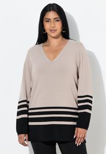 Джемпер Ulla Popken STREIFEN, V-AUSSCHNITT, LANGARM, Dark Beige/Beige