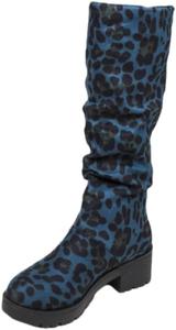 HoaloX Женские модные сапоги до середины икры, большого размера, с леопардовым принтом, на толстом каблуке, подходят для осенних и зимних образов.