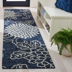 Ковер-дорожка SAFAVIEH, 69 x 275 см, Jardin Collection, Navy & Ivory, ручной работы цветочный из шерсти, идеален для помещений с высокой проходимостью в гостиной, спальне (JAR602N)