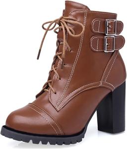 Женские ботильоны VOKLIN с круглым носком, шнуровкой, массивным каблуком, пряжкой, вестерн-стиля, короткие, нарядные, Brown-Velvet Lined